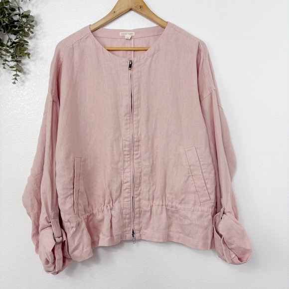 Eileen Fisher Organic Linen Zip Front Jacket Cuff Detail Pink Large - Picture 1 of 7